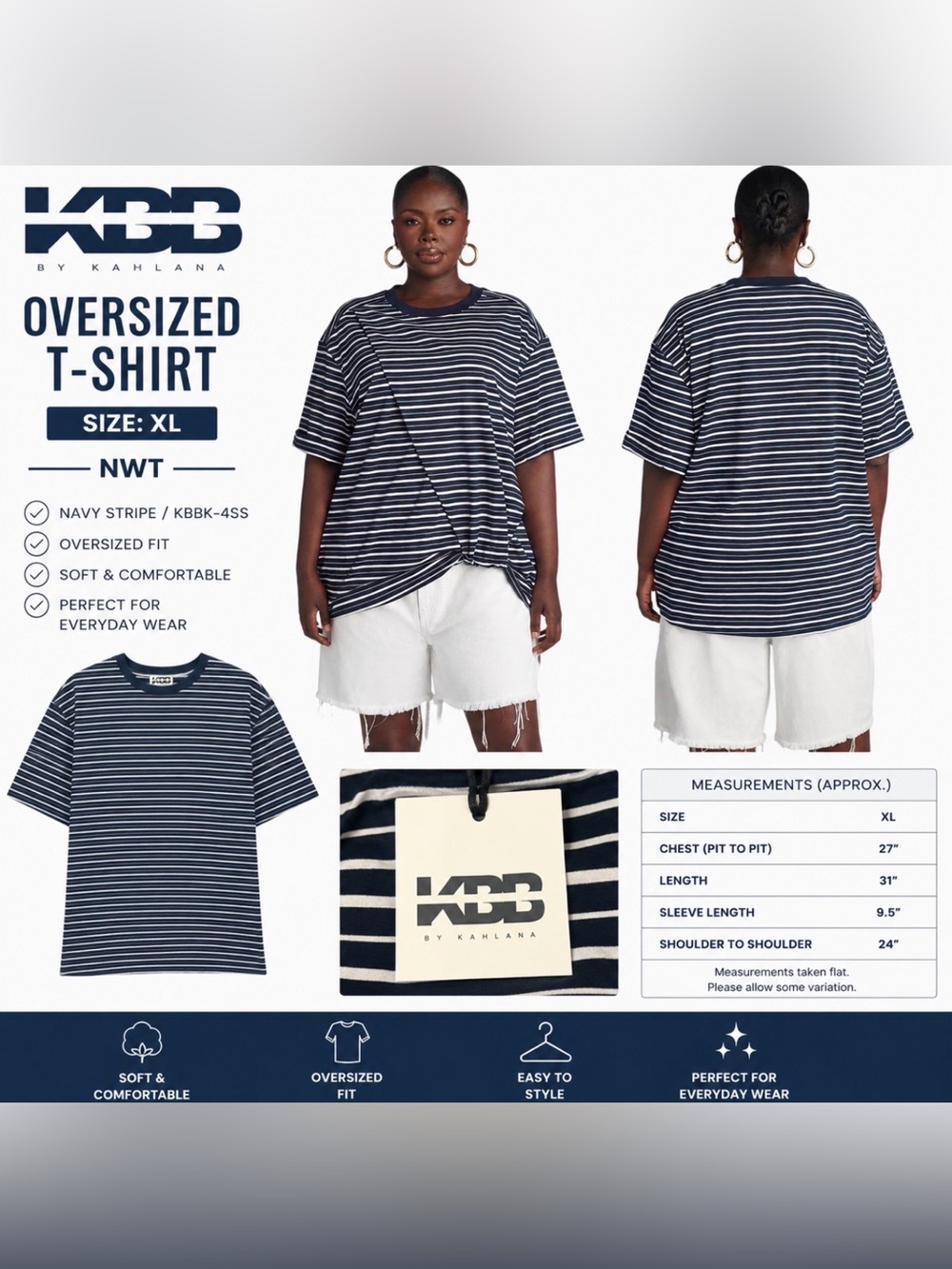 KBB by Kahlana Oversized Striped T-Shirt – Size XL – NWT